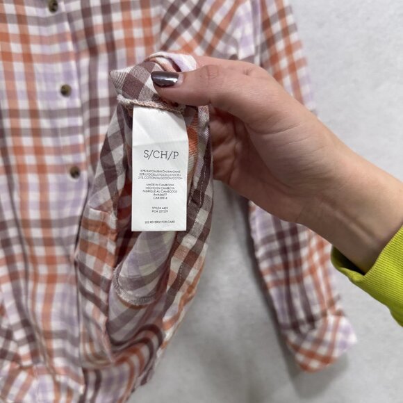Cabi Shirt Womens Small Brown Orange Purple Plaid Button Front Roll Tab High Low - Picture 5 of 10